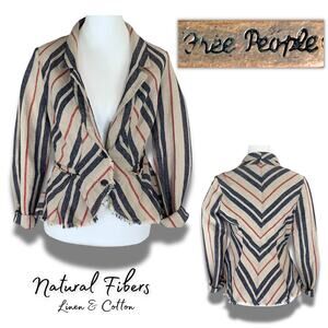 FreePeople Boho Linen Stripe Blazer Jacket Art Rustic Whimsy Gypsy Summer Indie